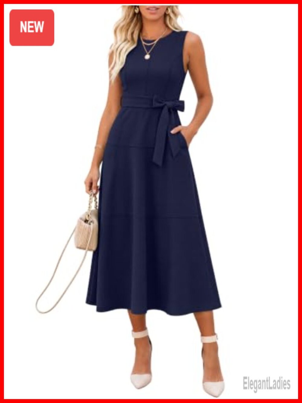 Sleeveless Midi Dress with Belt and Pockets Formal A-Line